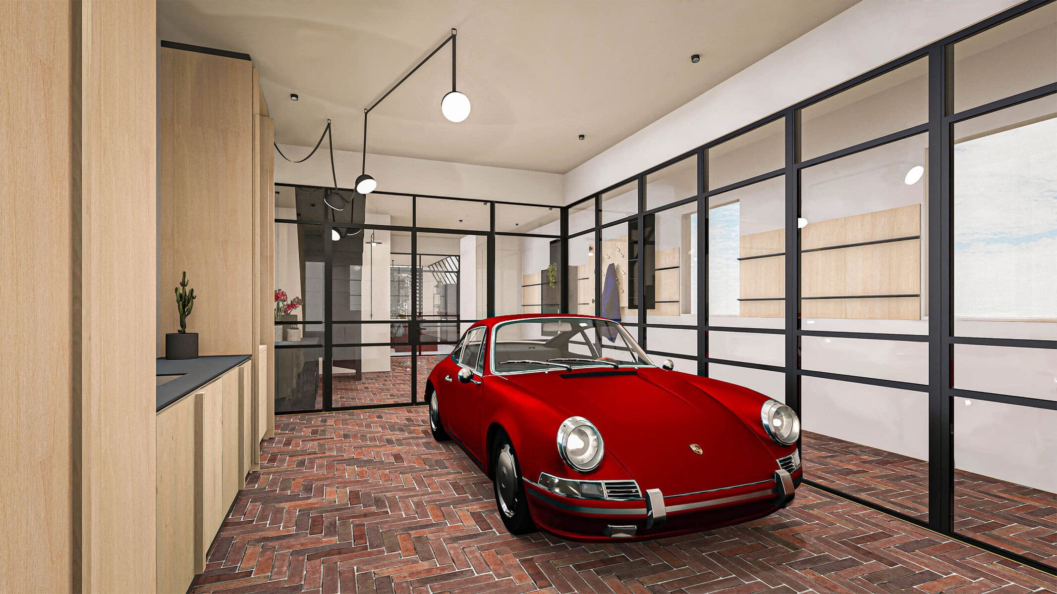 Porsche sportwagen in een moderne showroom met glazen wanden.