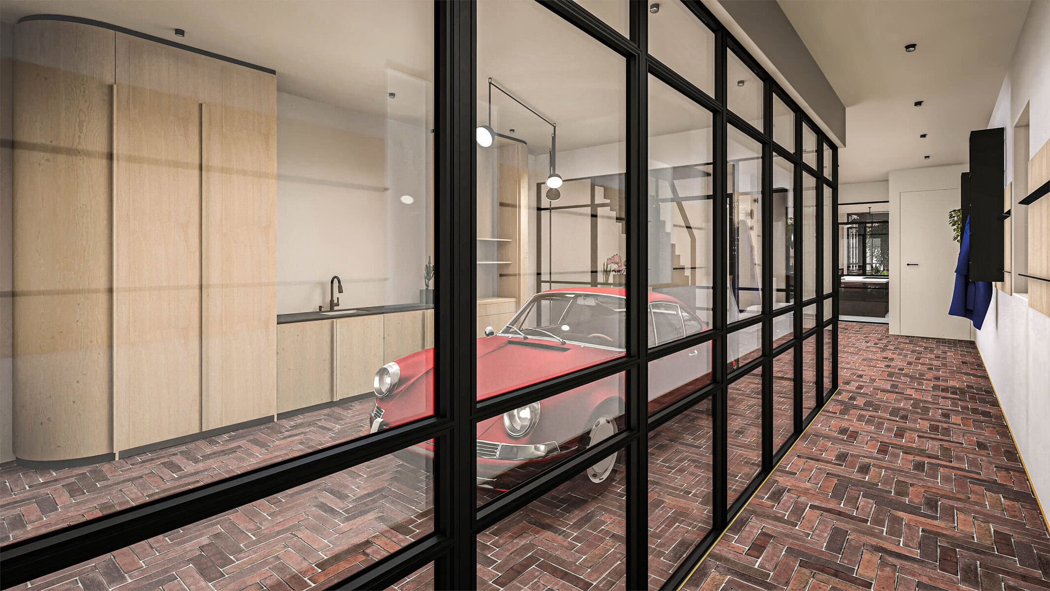 Vintage rode auto in moderne garage met glazen scheidingswand.