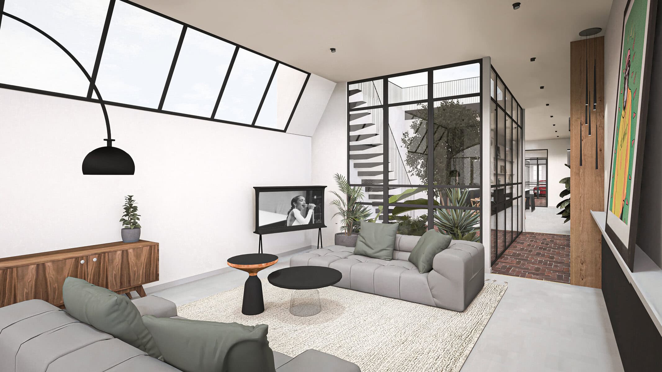 Ruimtelijke woonkamer met grote ramen, moderne inrichting en groene planten voor een gezellige sfeer.