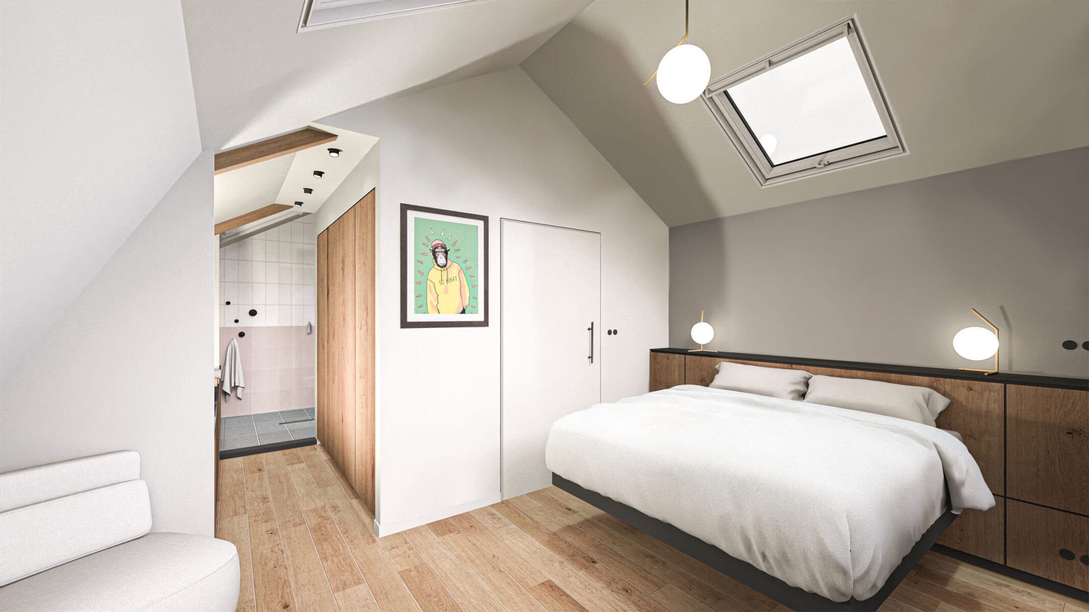Moderne slaapkamer met schuine plafonds en skylight op Sloterweg 1257.