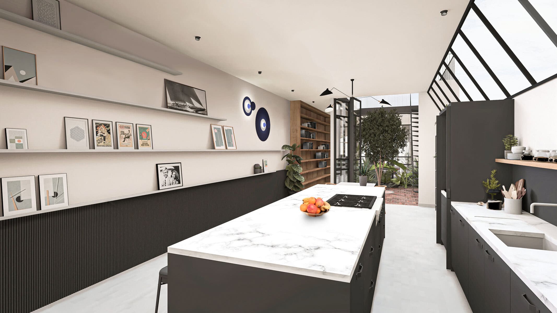 Moderne keuken met marmeren eiland en grote ramen voor natuurlijk licht.
