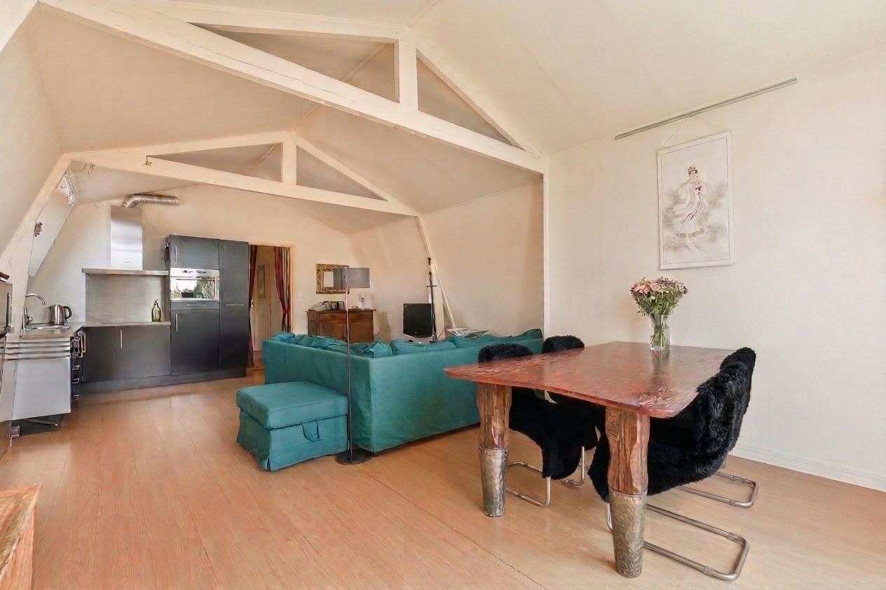 Ruime woonkamer met moderne keuken en gezellige zithoek.
